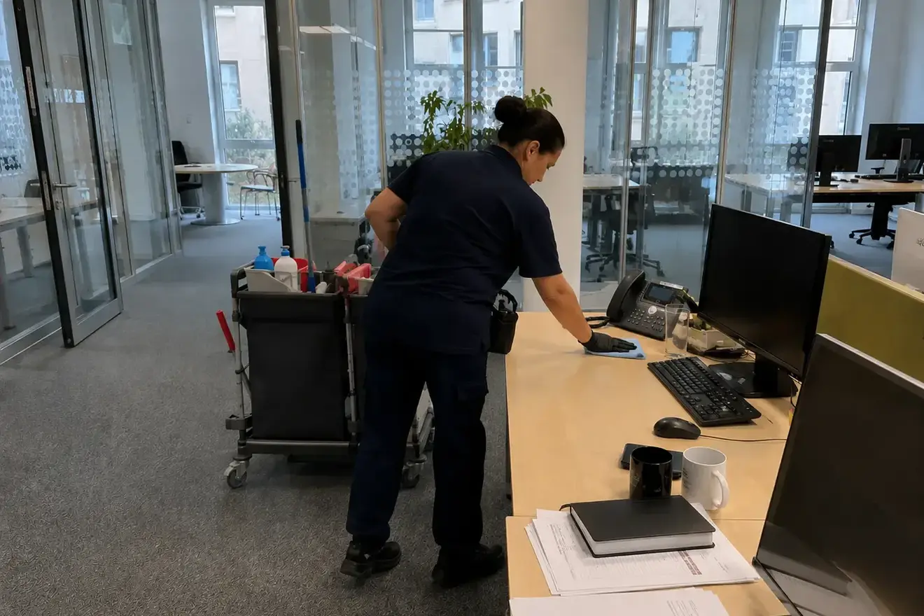 Mitarbeiterin von intra wischt einen Schreibtisch in einem Großraumbüro ab