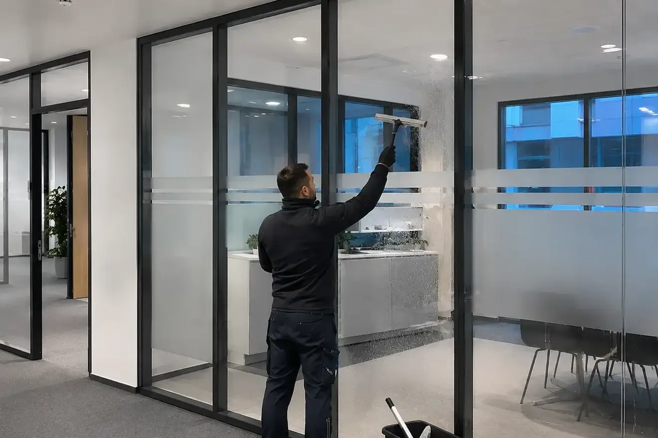 Glaswand in einem Büro wird mit dem Abzieher gereinigt