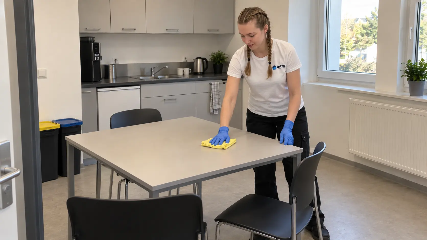 Mitarbeiterin reinigt den Tisch im Pausenraum eines Bürogebäudes in Soest