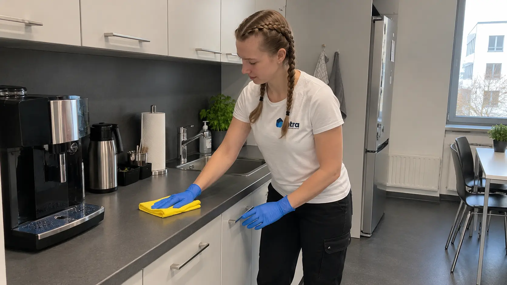 Mitarbeiterin reinigt die Arbeitsplatte der Teeküche bei der Büroreinigung in Soest
