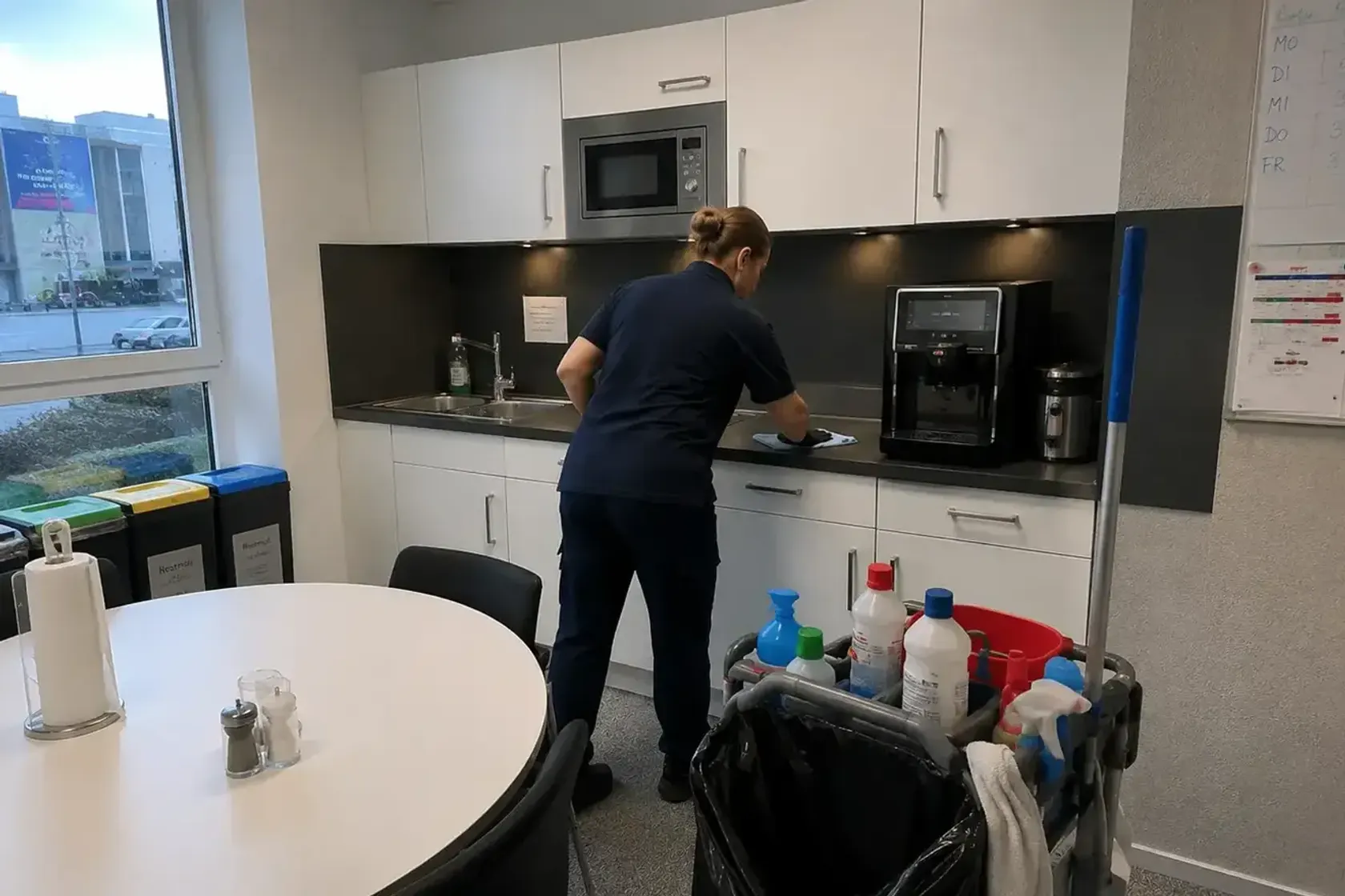 Mitarbeiterin von intra reinigt die Arbeitsfläche einer Büroteeküche