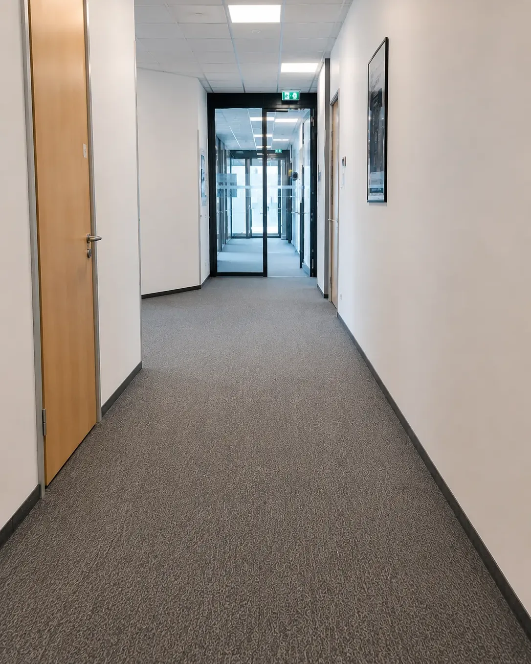 Bürogang mit Teppichboden, gereinigt bis an die Sockelleiste, am Ende eine Glastür