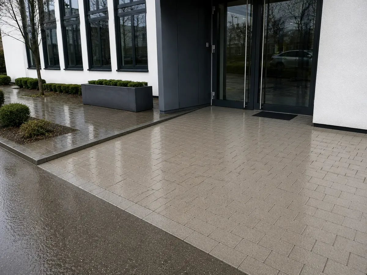 Gereinigter Vorplatz vor dem Hauseingang, der Belag ist noch feucht