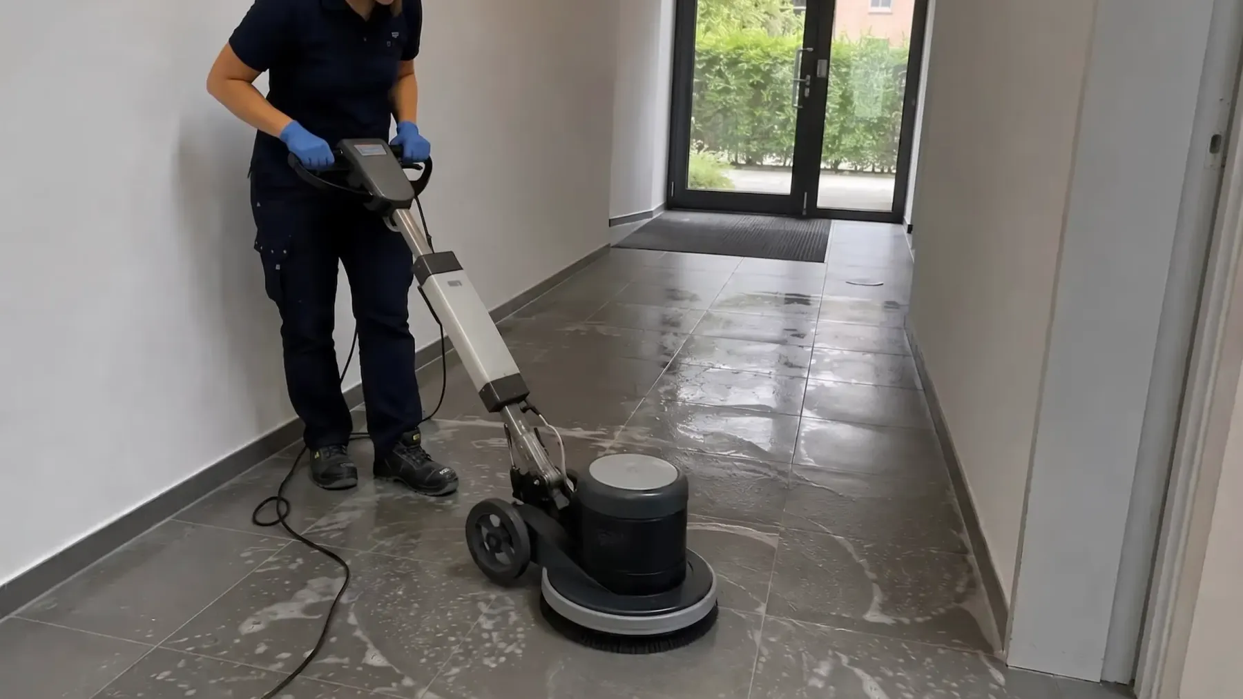 Reinigungskraft führt eine Einscheibenmaschine über den Steinboden im Flur eines Wohnhauses