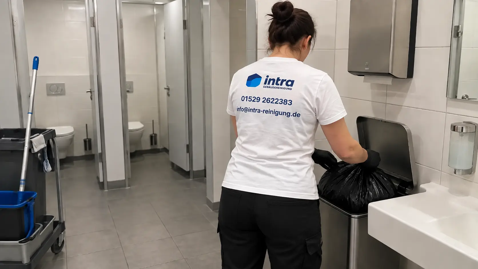 Mitarbeiterin leert den Abfallbehälter in einer Sanitäranlage in Soest
