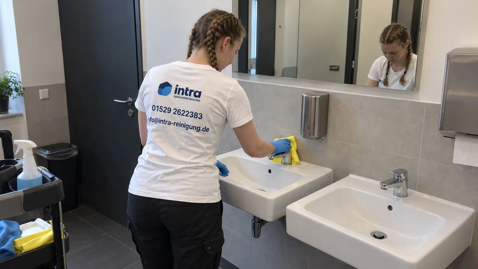 Mitarbeiterin reinigt das Waschbecken einer Sanitäranlage bei der Unterhaltsreinigung in Soest