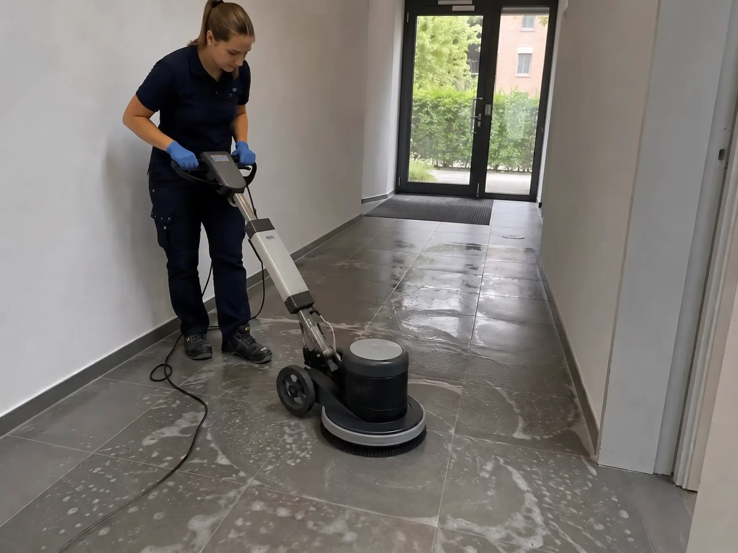 Fliesenboden in einem Flur wird mit der Einscheibenmaschine gereinigt